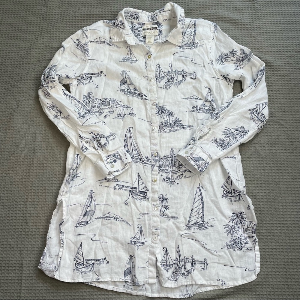 Cynthia Rowley 100% Linen Tunic Shirt Medium Womens Sailboat Nautical Roll Tab